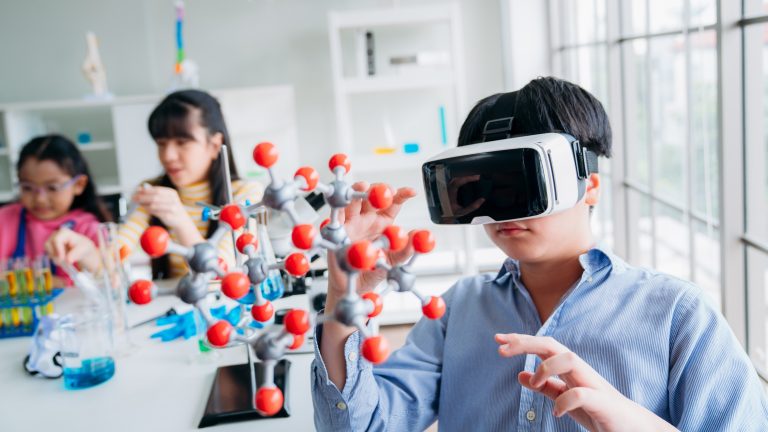 Child,Explores,Molecular,Models,With,Vr,Glasses.,Boy,Wearing,Reality