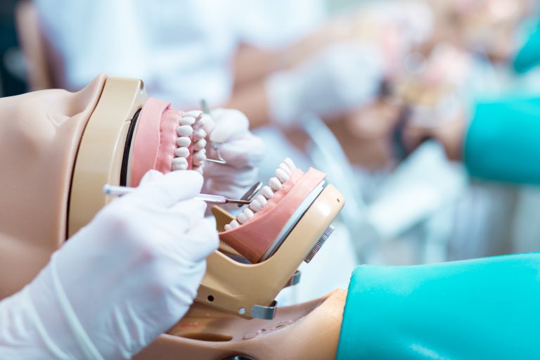 Close,Up,Of,Student,In,White,Gloves,Working,On,Dental